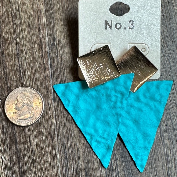 Turquoise statement earrings.  Metal. Triangle.  With gold top. - Picture 2 of 2